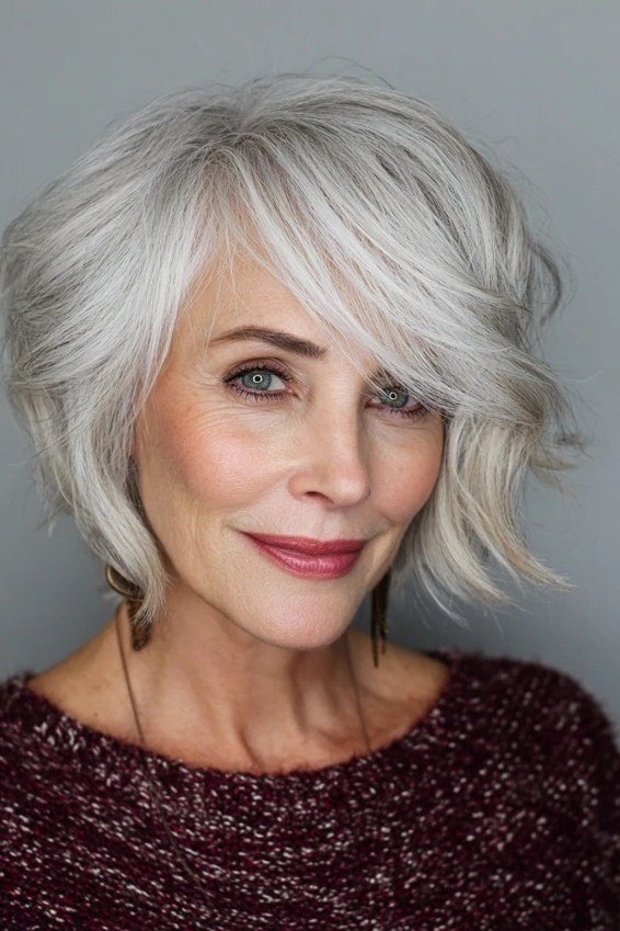 Silver Shaggy Layered Bob with Bangs for women over 70