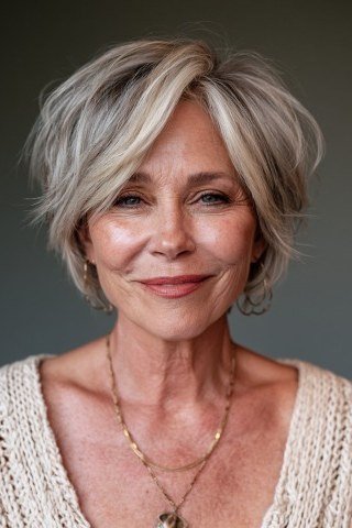 Choppy bob hairstyle for women over 60: long blonde bob front white top