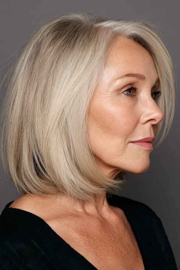 Sleek platinum straight bob, side view, a polished straight cut for women over 40