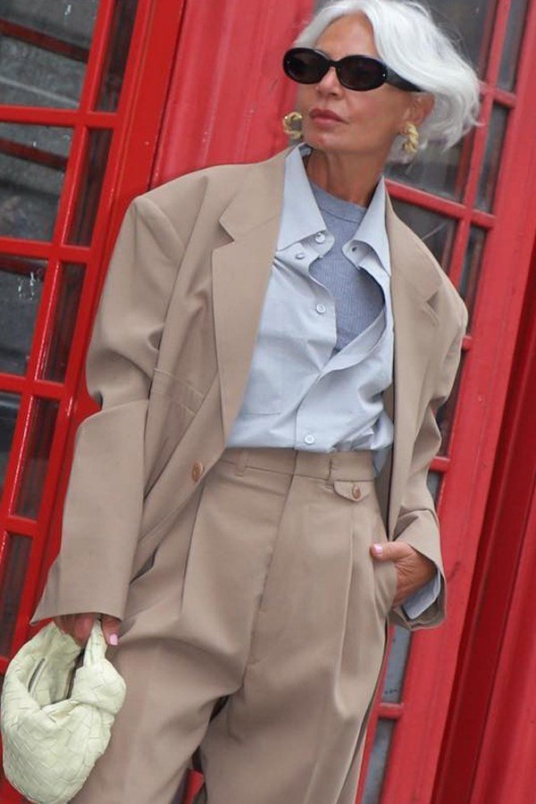 Beige oversized suit for women over 70