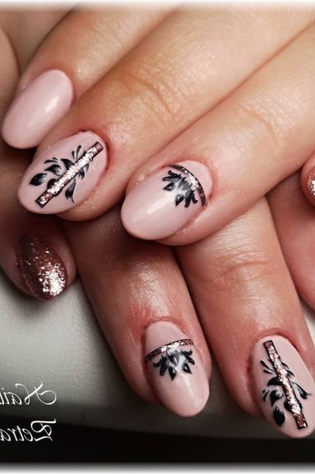 Pink with Black Botanical Art and Glitter - short nail design for women over 40