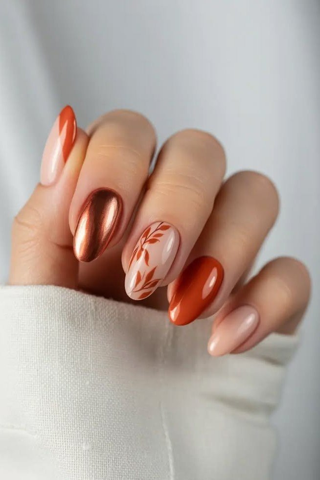 Burnt orange with copper marble art almond, elegant fall nail design for women over 40