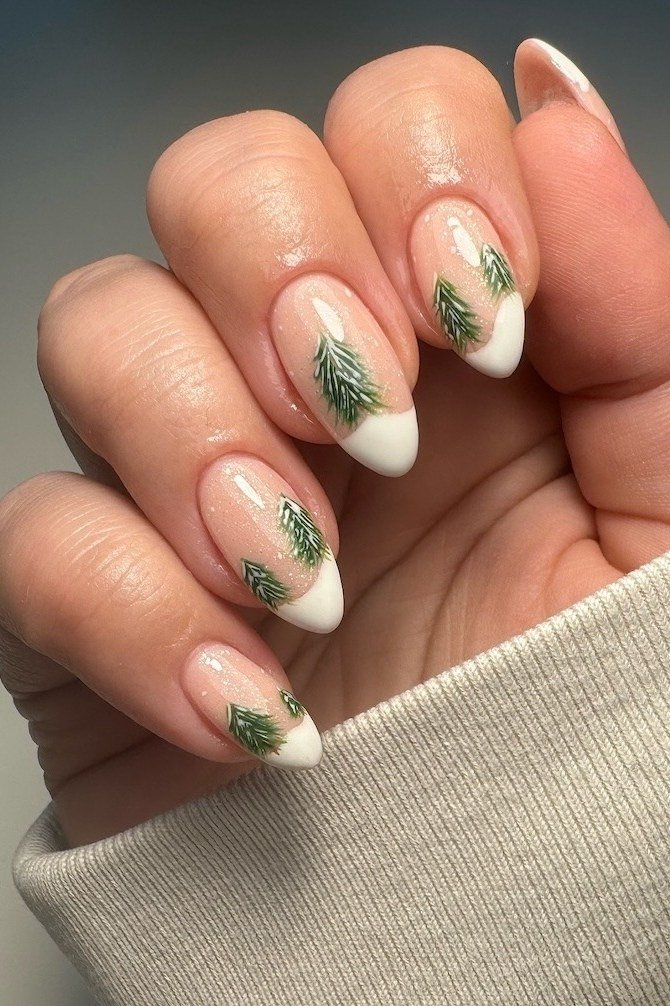 white french tip nails with pine sprig art