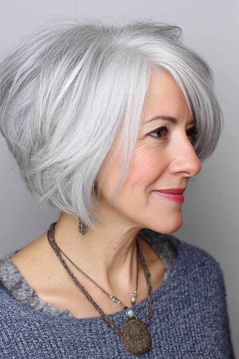 White shaggy bob with wispy fringe for women over 60, front view