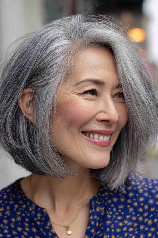 Grey shoulder-length lob with layers - trendy short haircut for older women with fine hair