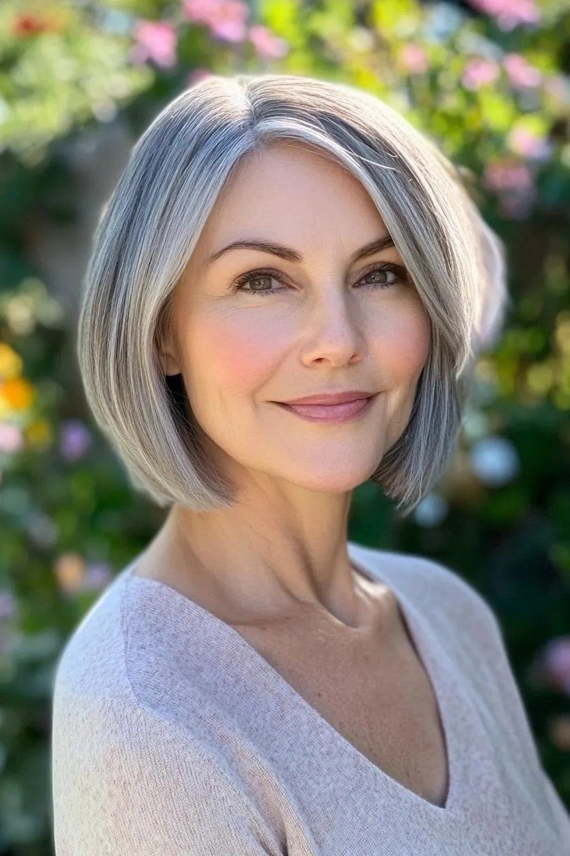 natural silver bob in garden, front view