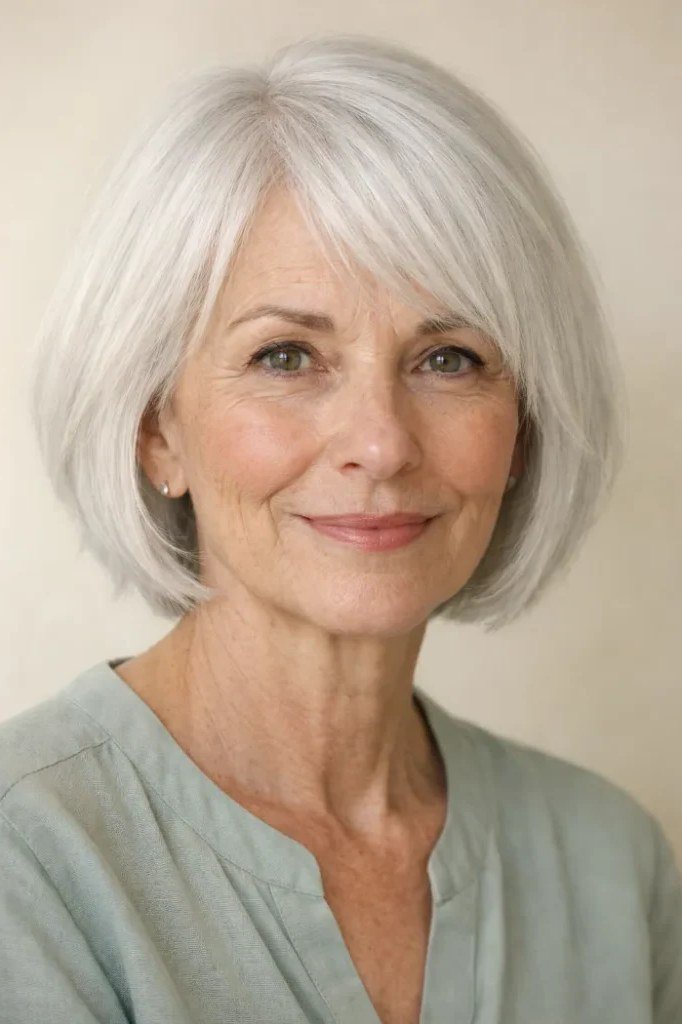 White classic bob, front view, woman in her 60s