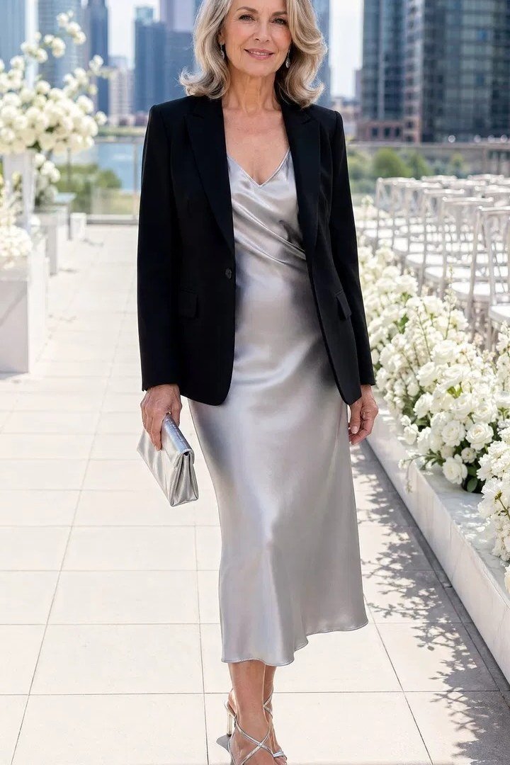 Black Blazer Over a Silver Satin Dress - flattering outfit idea for women over 50, how to dress better over 50