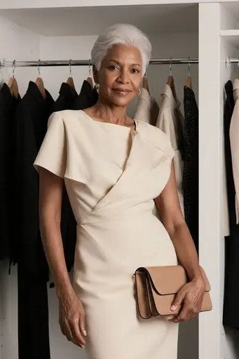Ivory draped short-sleeve dress with tan clutch for women over 50