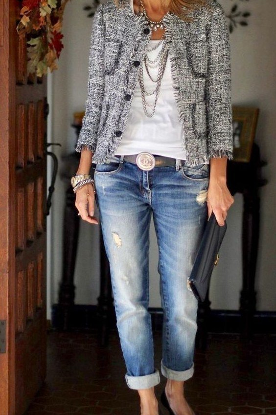 Grey Tweed Jacket With a Light Blue Turtleneck and Flared Jeans, smart casual outfit for women over 50