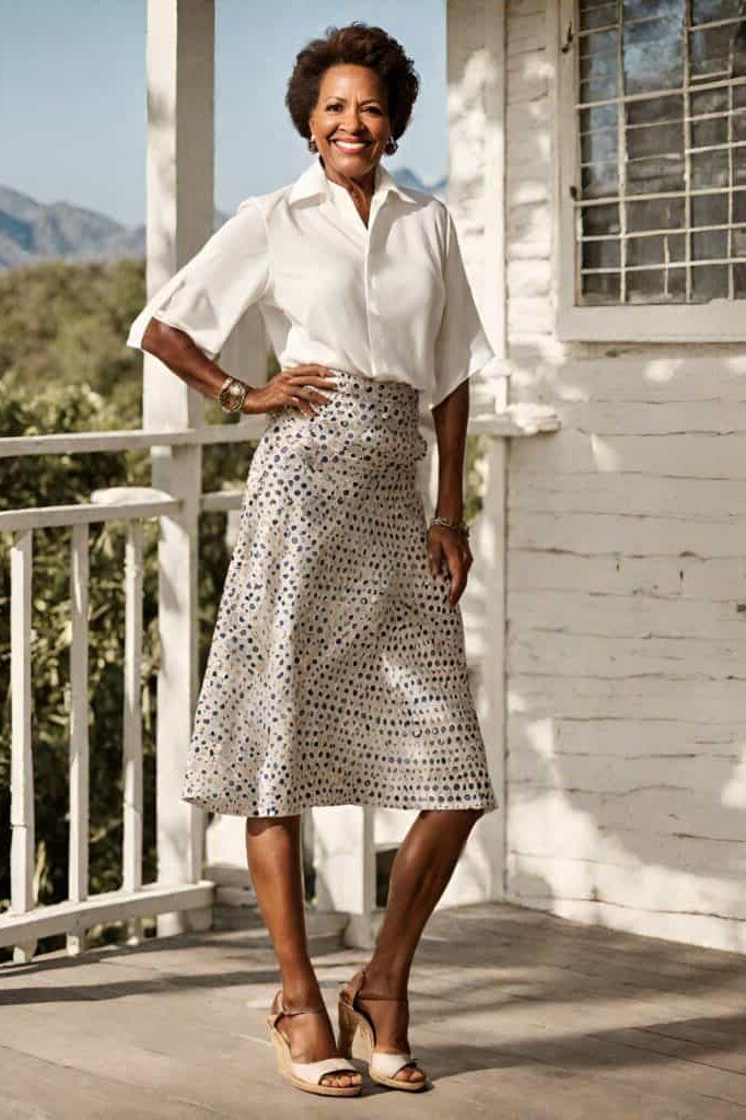 Easy casual outfit idea for women over 50: white blouse and leopard midi skirt, older woman everyday style