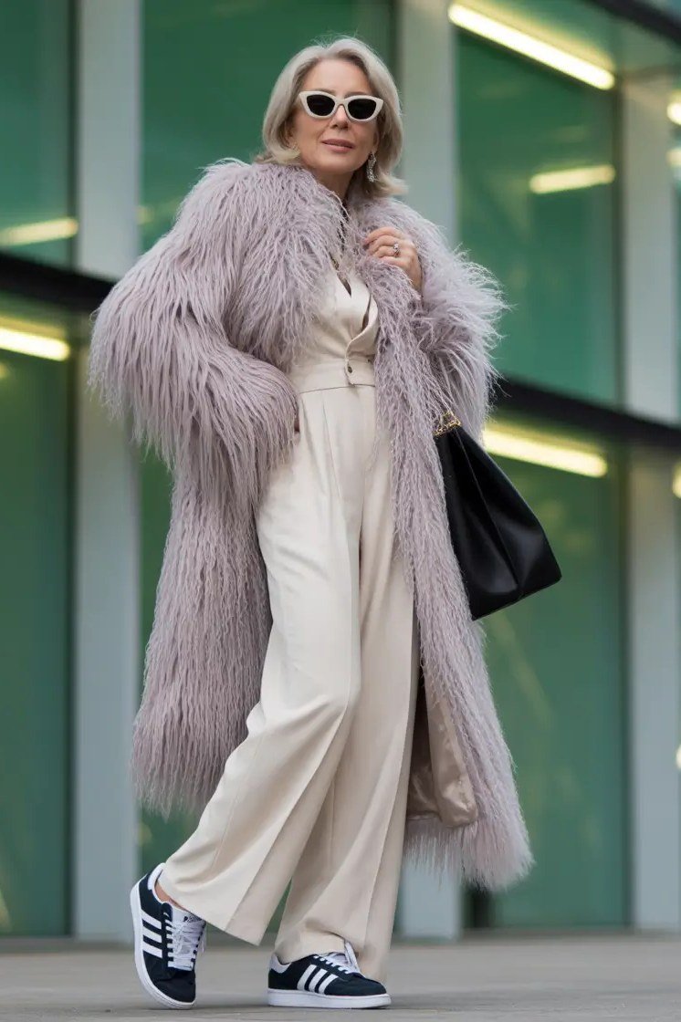 lavender faux fur coat with cream wide leg pants church outfit for women over 60