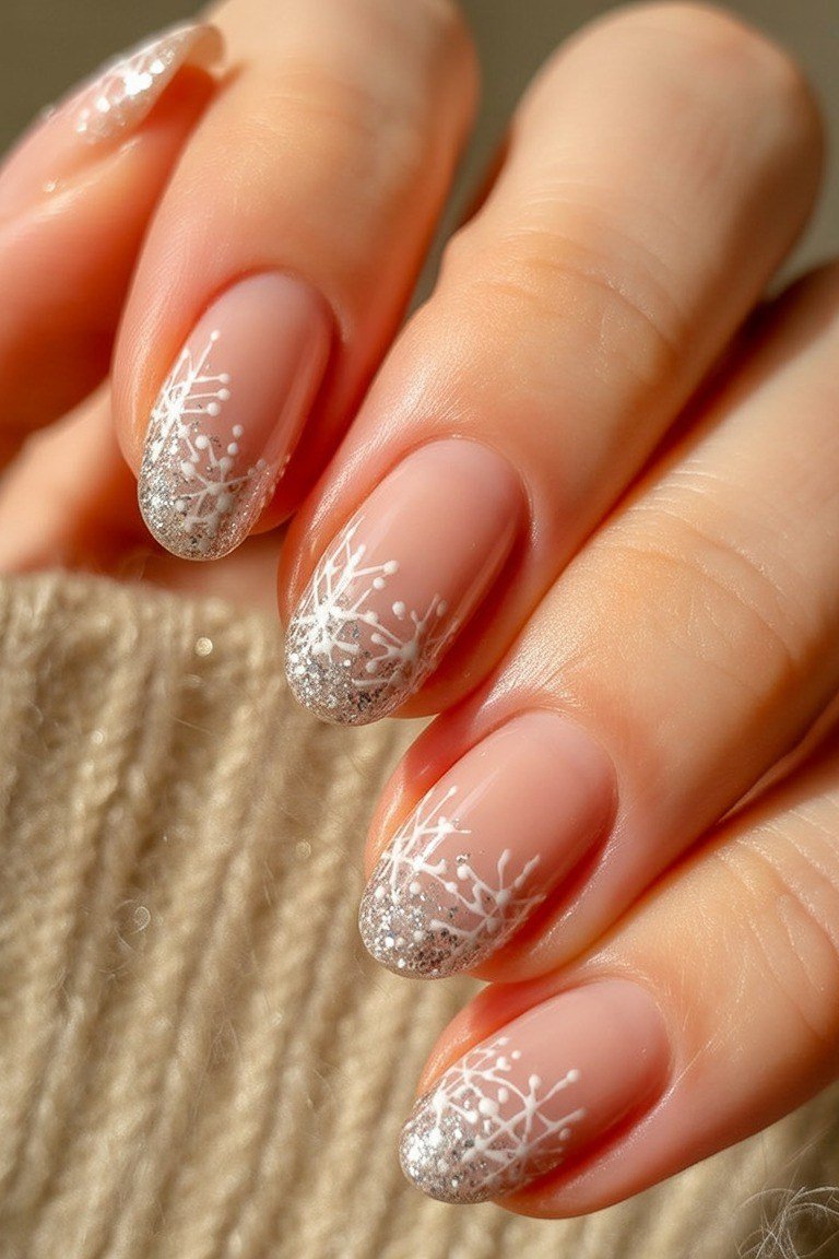 Nude Silver Glitter Snowflake Tip Nails - nude silver glitter snowflake tips, glitter winter nail design for women over 60