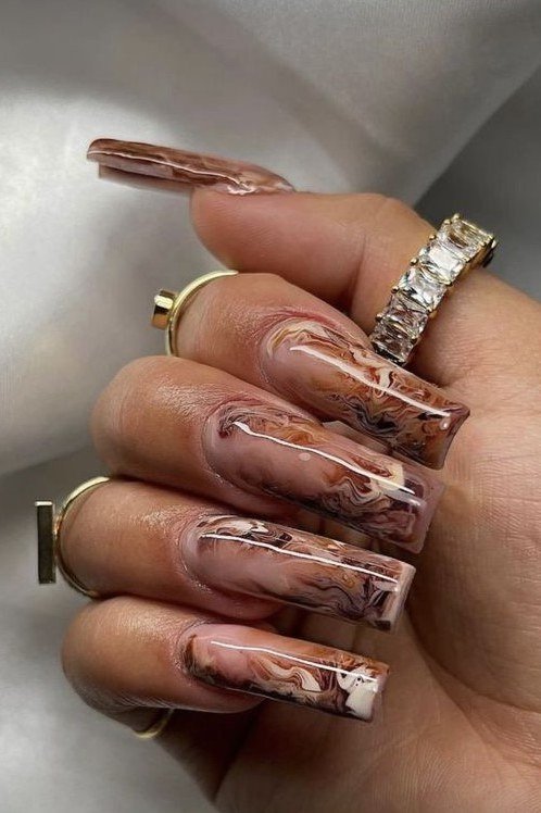 Marble Coffin Nails in Brown Tones, chocolate brown fall nail design for women over 60