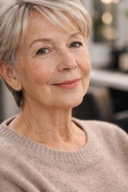 Short pixie with bangs, smiling, salon chair, timeless hairstyle for women over 70