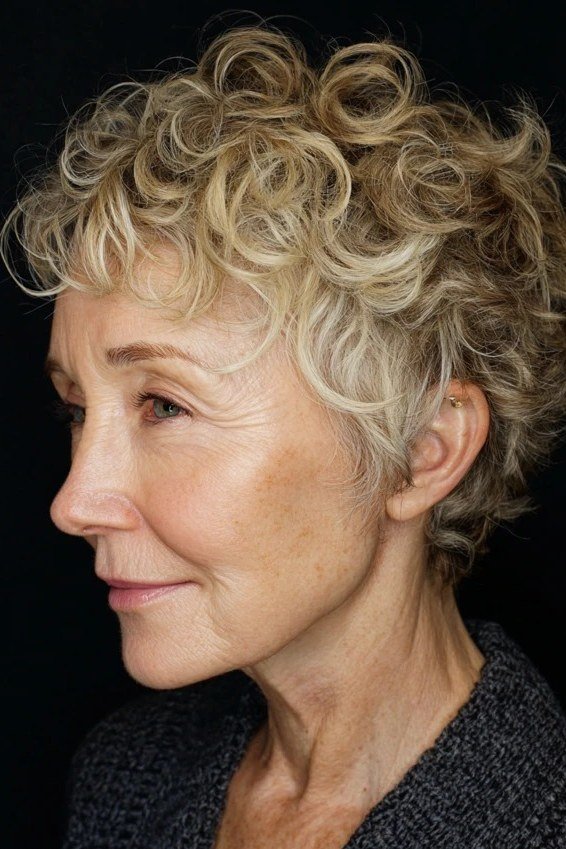 Silver-blonde curly bixie haircut side view for women over 60