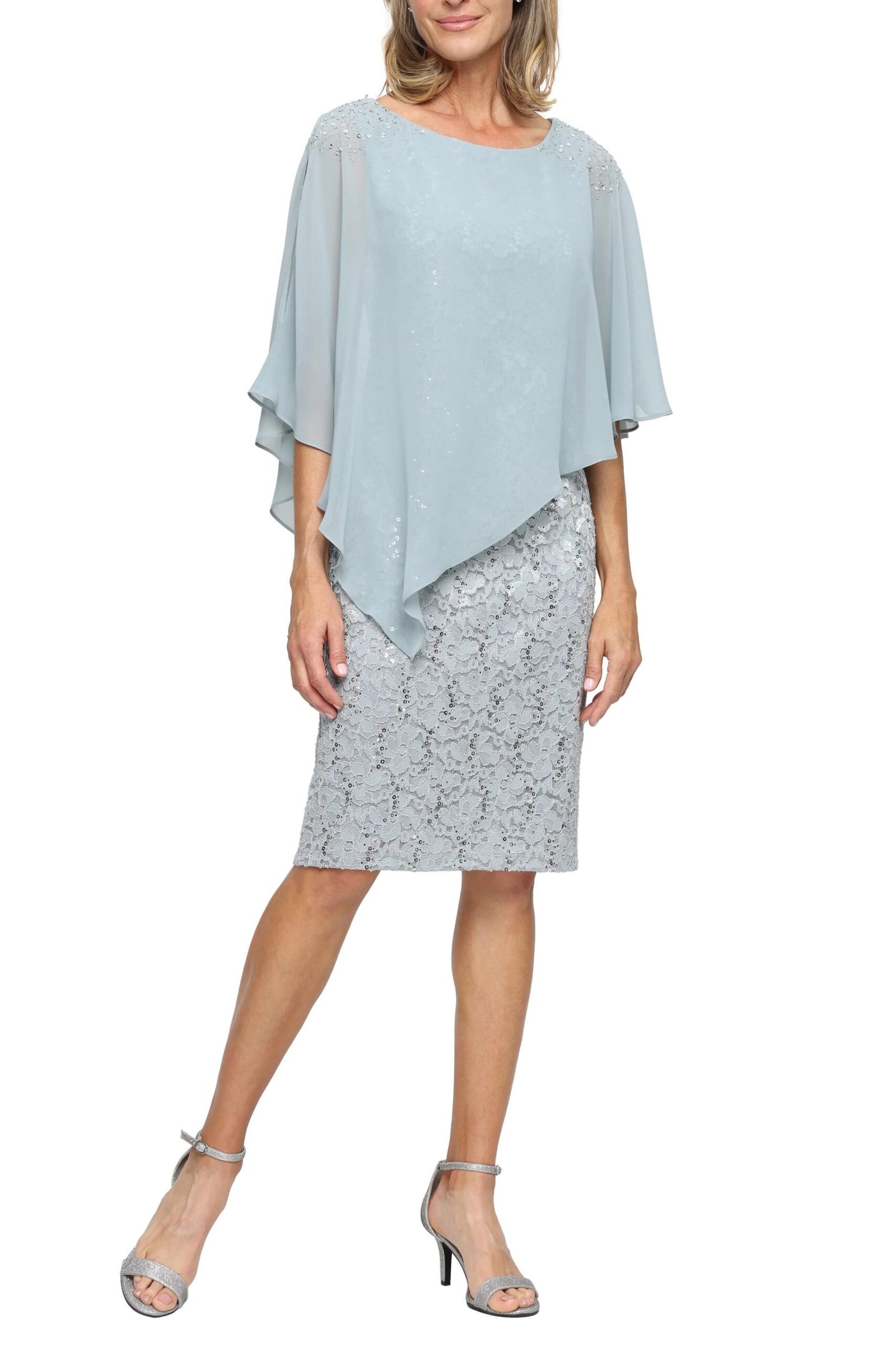 pale blue cape top with lace skirt, elegant cocktail dress for women over 60