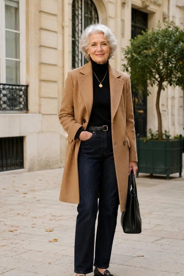 camel coat black turtleneck dark jeans black tote women over 50