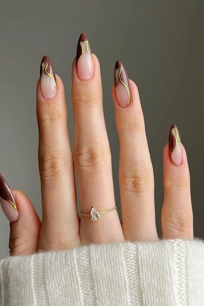 Nude Almond Nails with Brown Geometric French - brown nail idea for women over 50