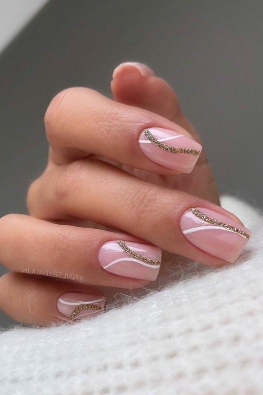 White and Gold Line Art - nude nail art idea for women over 40