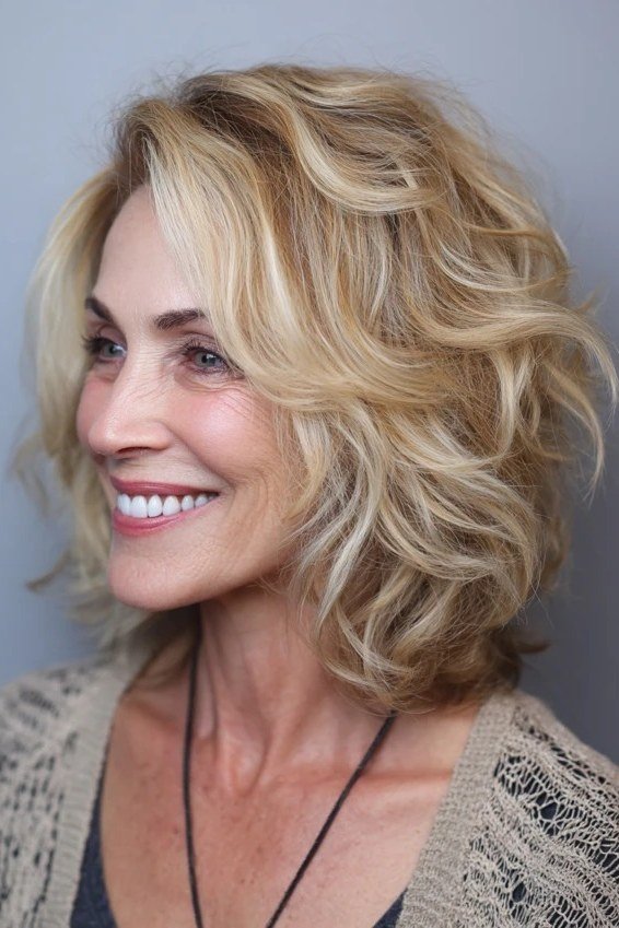 blonde wavy layered bob, 3/4 view, smiling — chin-length layered bob hairstyle for women over 50