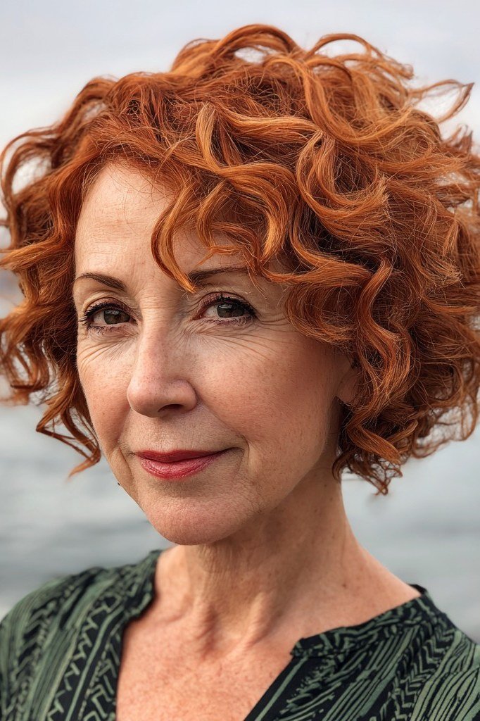 Curly Copper Layered Lob - layered lob hairstyle for women over 60