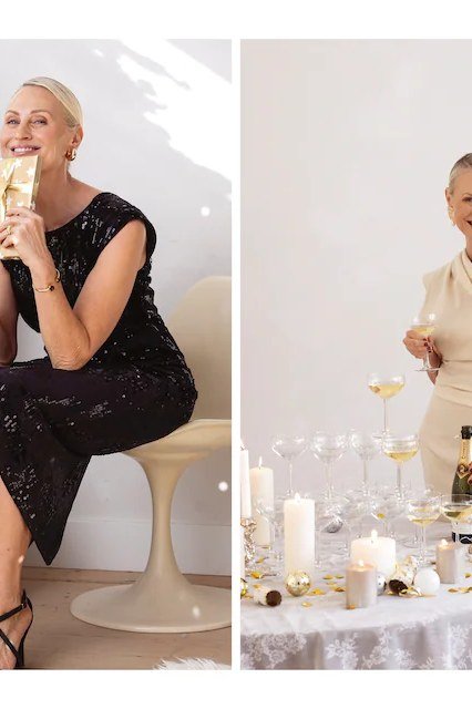 holiday evening outfit for women over 60: cream dress and black sequin dress holiday looks