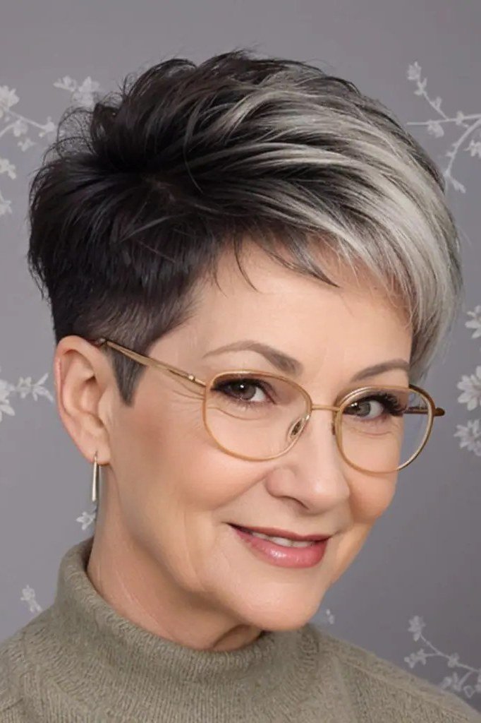 Dark Silver Pixie with Glasses - bold edgy pixie haircut for women over 50