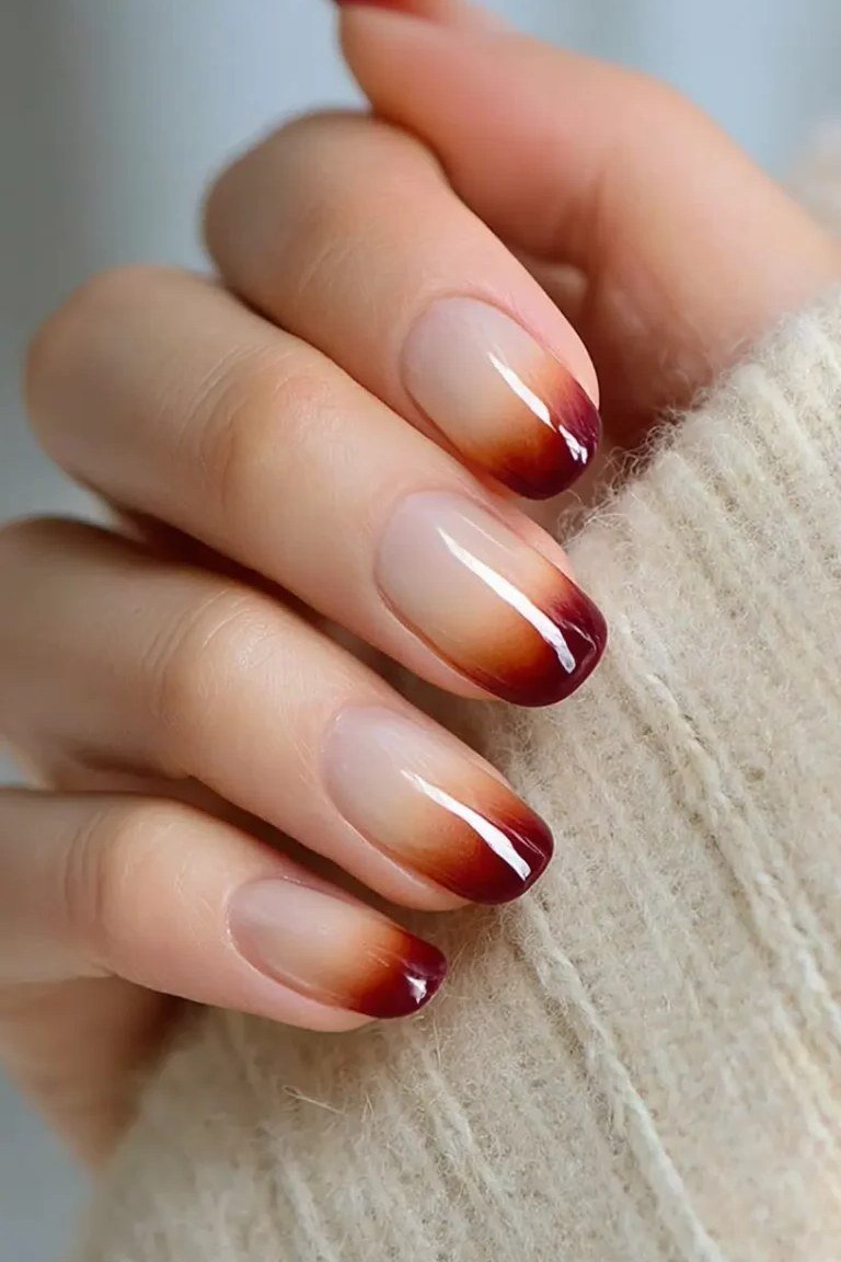 56. Nude to Burgundy Baby Boomer Ombre - Thanksgiving nail art idea for women over 50