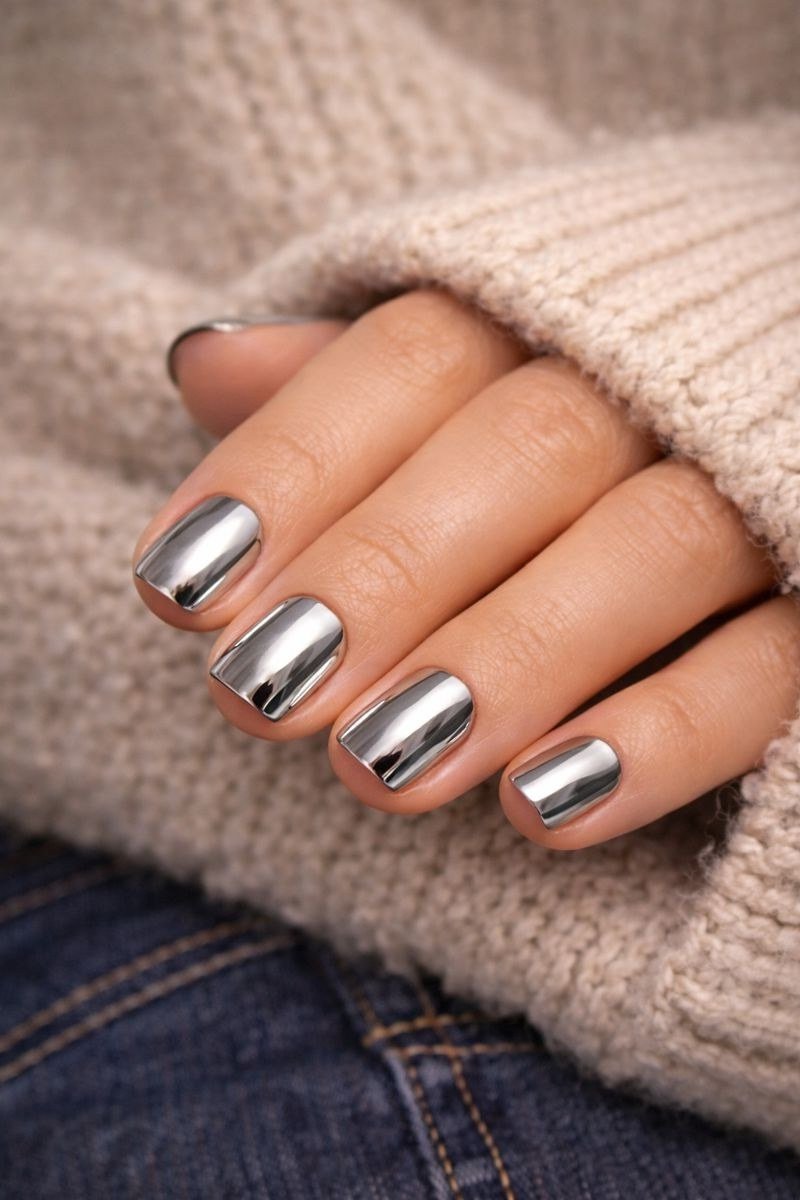 Silver Chrome Rounded - short nail design for women over 60 that makes nails look longer