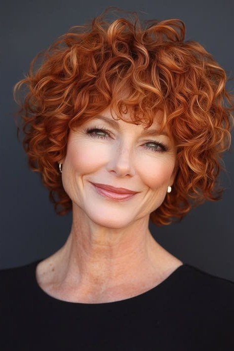 Copper curly lob with full bangs, front view, older woman