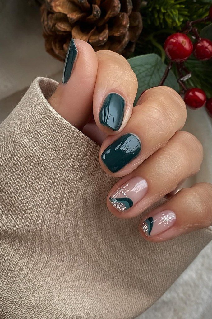 Dark Green, Pink and Black Winter Nail Mix, fun winter nail idea for women over 60
