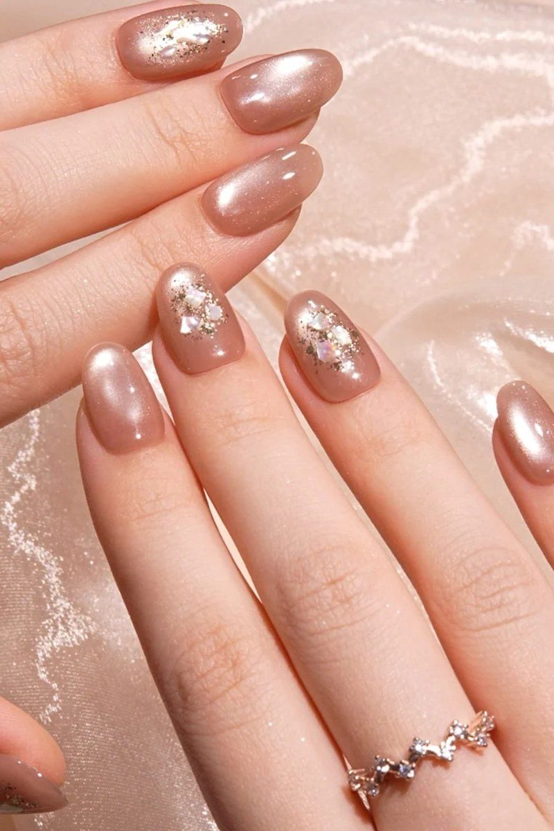Champagne Glitter Ombre Nails with Ring, understated glam nail color for women over 60