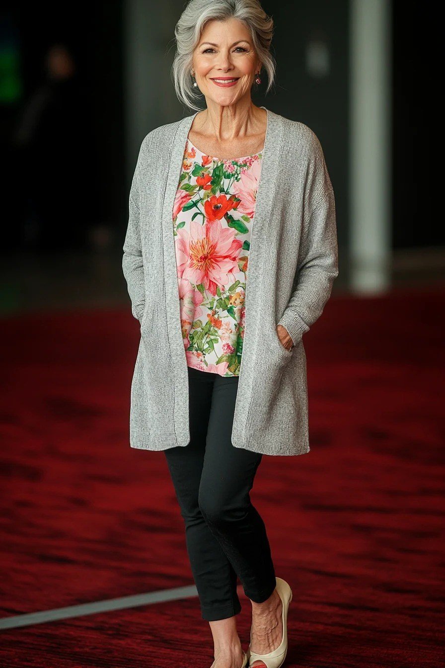 grey cardigan with floral top and black leggings, comfortable stylish outfit for women over 50