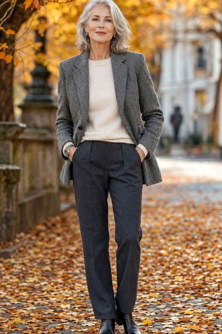 Effortlessly chic fall outfit for women over 60: grey blazer over cream top with navy trousers