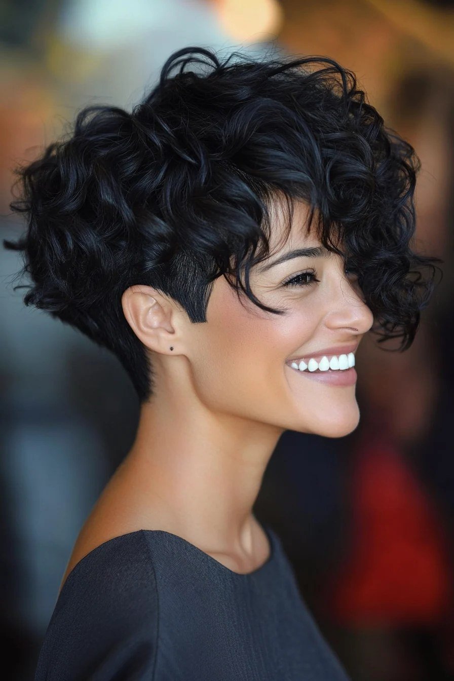 Jet black curly crop haircut for women over 50