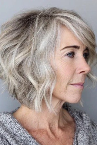 Grey layered shag haircut soft side view for older women