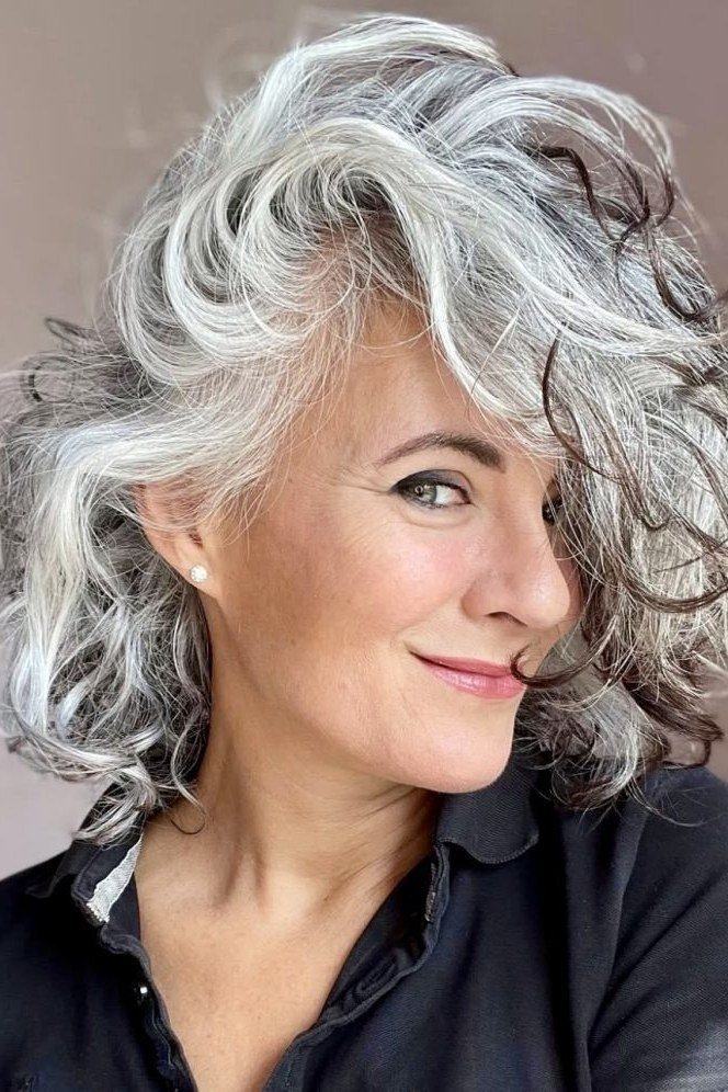 Curly gray bob haircut for women over 50