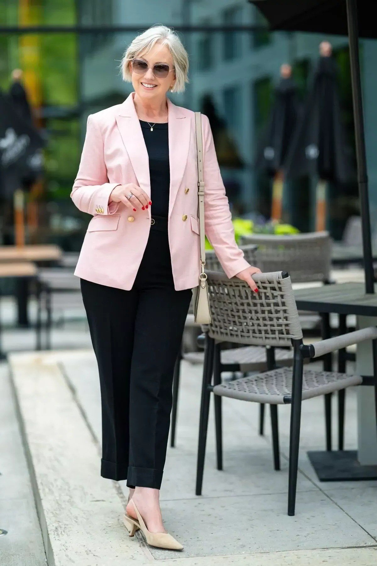 Blush Pink Blazer with Black Trousers - business outfit for women over 50