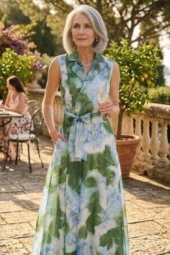 Green and White Floral Wrap Maxi summer outfit idea for women over 60