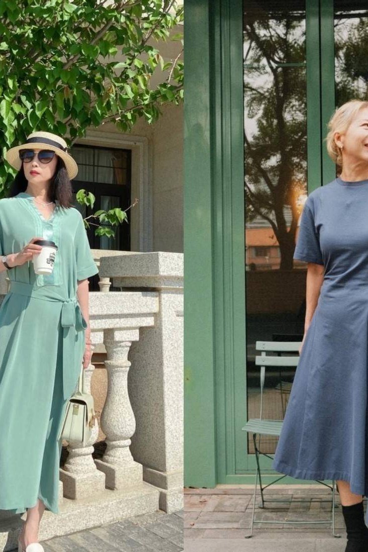 Two women in blue and mint midi dresses with straw hats, standing on a porch - summer dress for women over 50