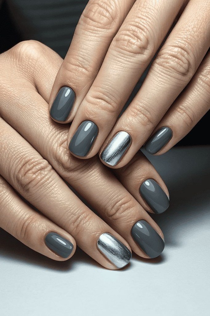 Dark Grey Nails with Chrome Accent, neutral nail ideas for older women