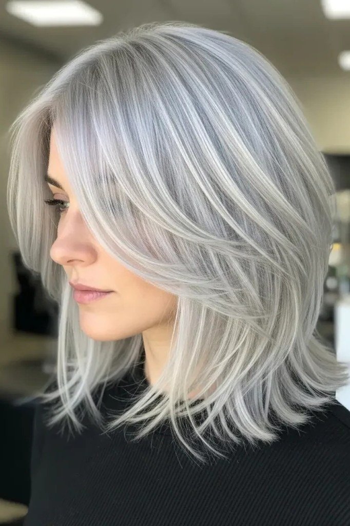 Silver straight bob side view, black top, short layered bob hairstyle for women over 60