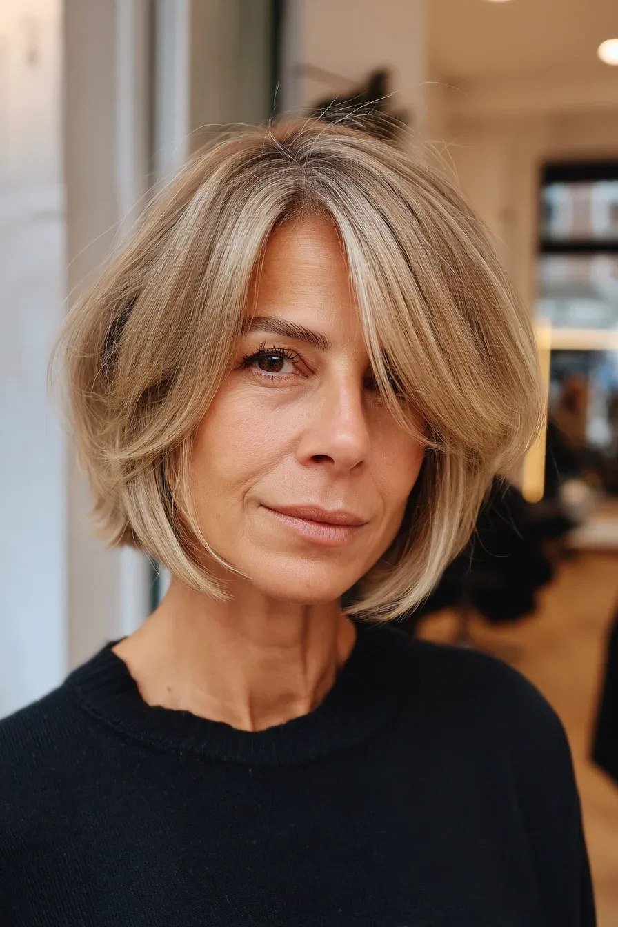 Soft blonde french bob with side part and black top
