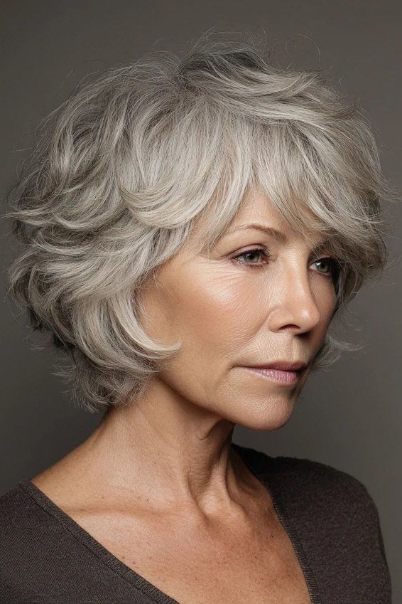 Blonde wavy shaggy layered bob, side view, blonde wavy bob haircut for women over 50