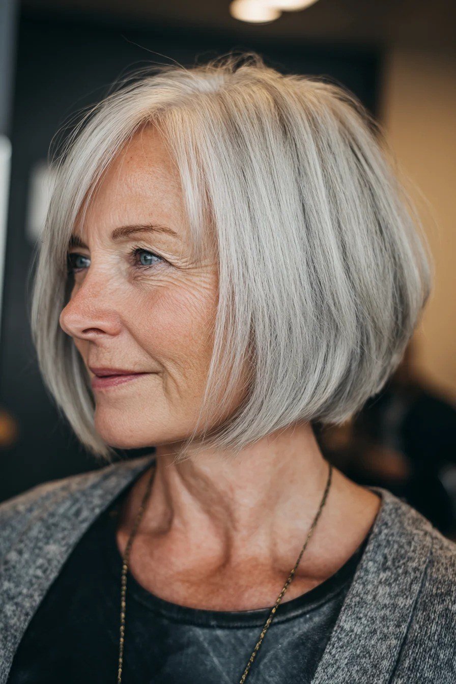 silver sleek bob in side profile for women over 50