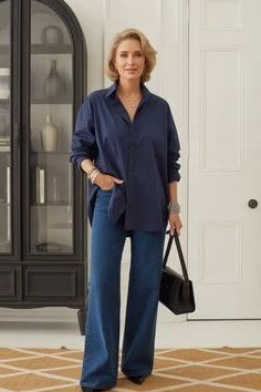 navy shirt navy wide leg pants monochrome fall outfit