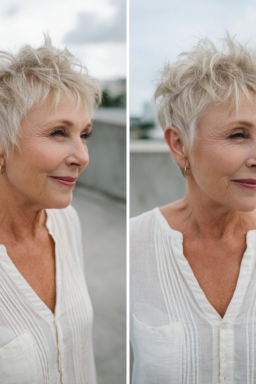 White feathered pixie, front and side two-panel views for women over 60
