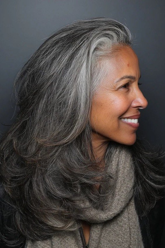 Long Dark Grey Wavy Hair - grey hairstyle for women over 60