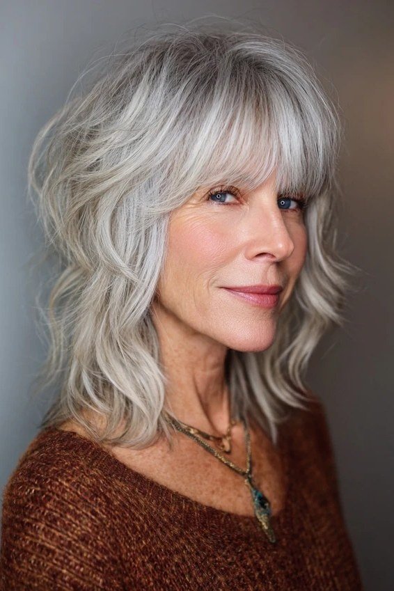Tousled silver shag with bangs for women over 60